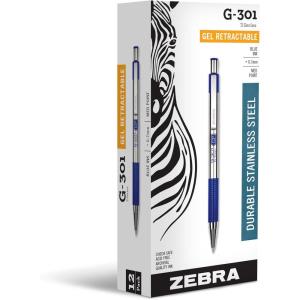 imageZebra Pen G301 Retractable Gel Pen 07mm Medium Point Stainless Steel Barrel Ideal for Office Supplies School Supplies ampamp Teacher Supplies Black Ink 12Pack 41310Blue C