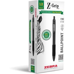 imageZebra Pen ZGrip Retractable Ballpoint Pen Fine Point 07mm Black Ink 12PackBlack B