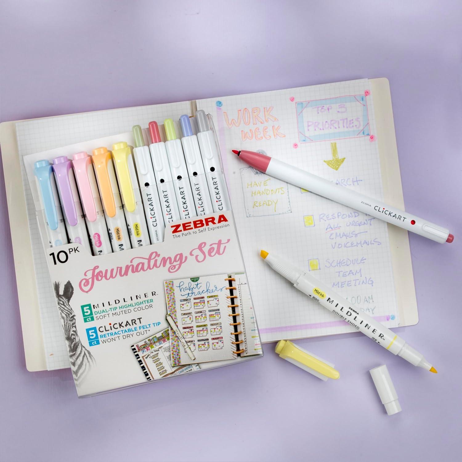 imageZebra Pen  Creative 10Pack Journaling Set  No Bleed Highlighters ampamp CLiCKART Pens  Assorted Colors for NoteTaking Bible Study Bullet Journaling 14010