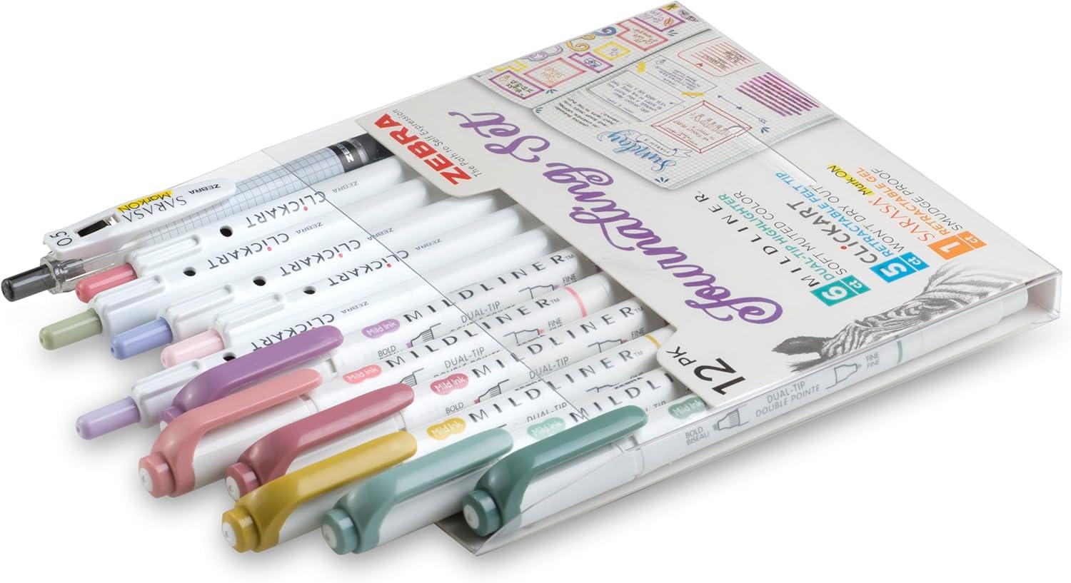 imageZebra Pen  Premium 12Pack Journaling Set  No Bleed Highlighters CLiCKART Pens ampamp SARASA MarkOn Gel Pen  Assorted Colors for NoteTaking Bible Study Bullet Journaling 14012