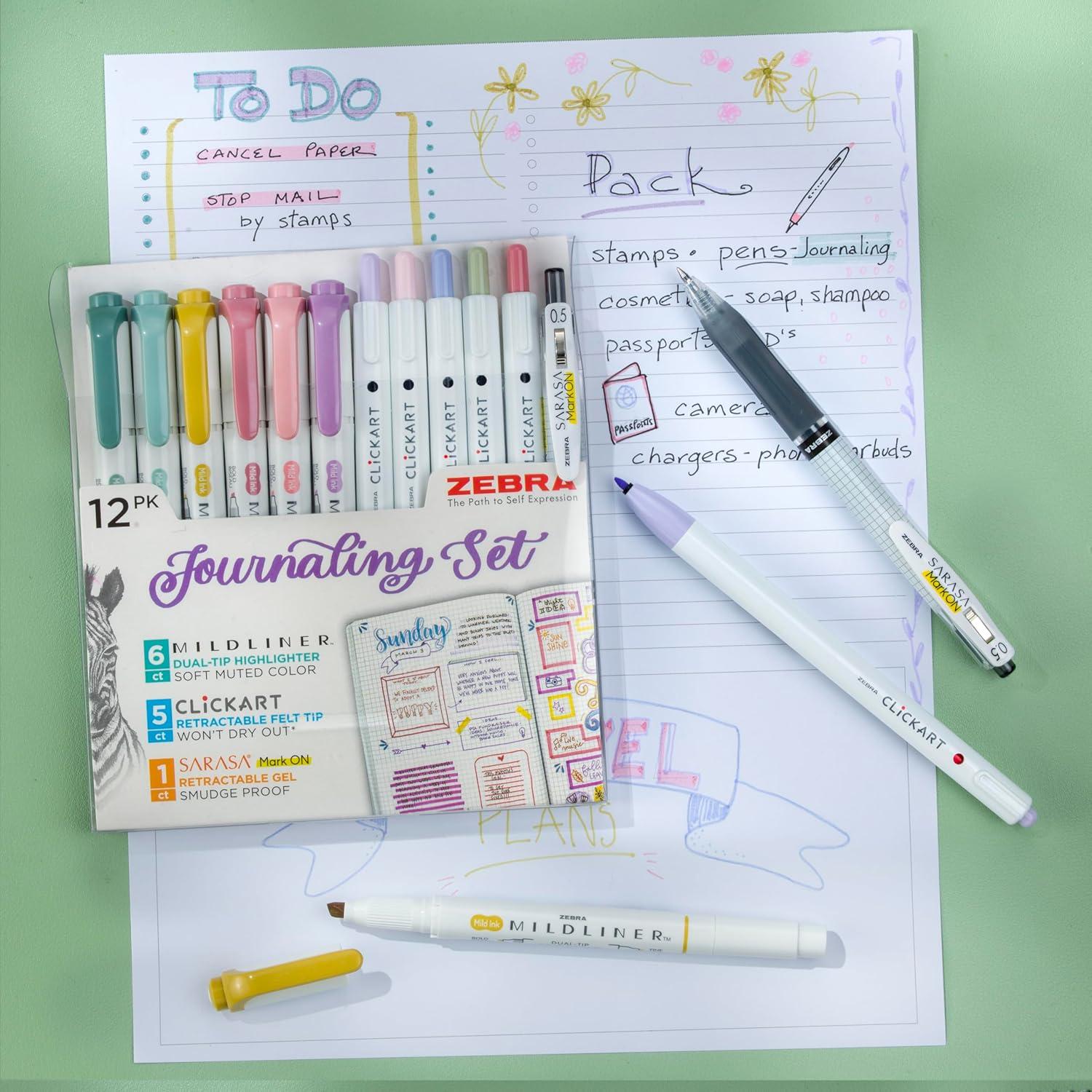 imageZebra Pen  Premium 12Pack Journaling Set  No Bleed Highlighters CLiCKART Pens ampamp SARASA MarkOn Gel Pen  Assorted Colors for NoteTaking Bible Study Bullet Journaling 14012