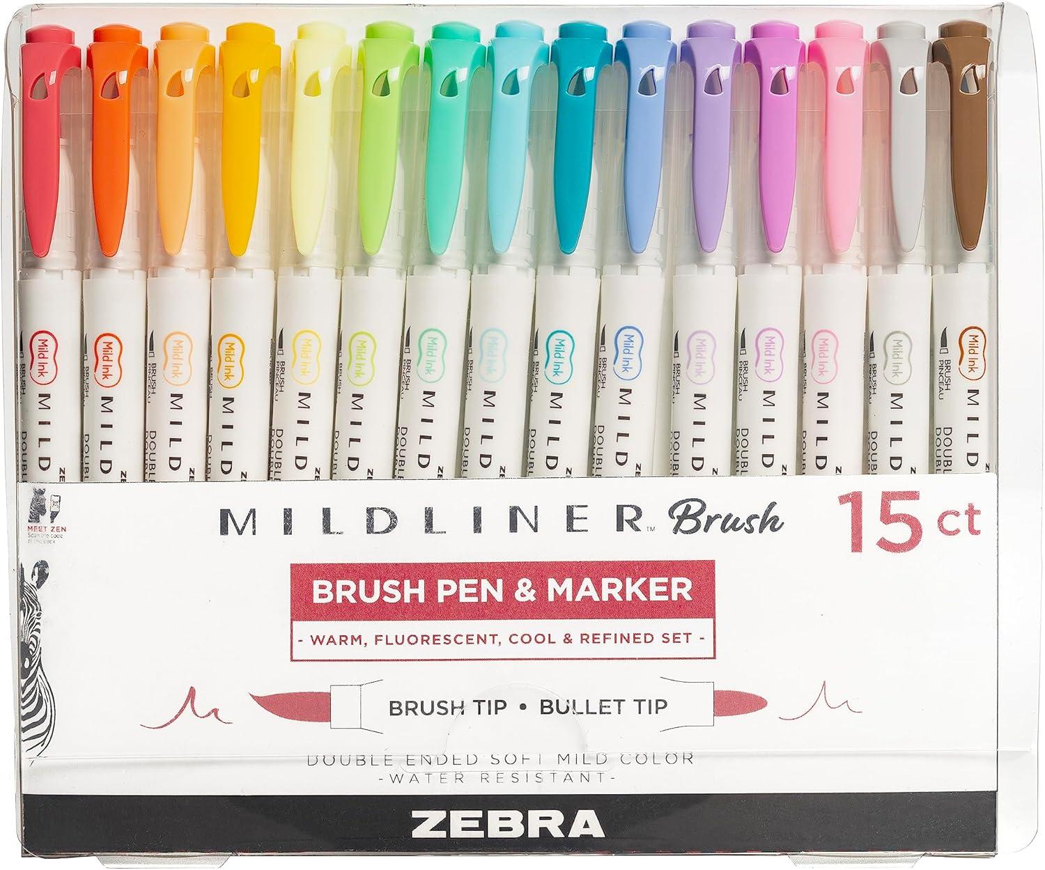 imageZebra Pen Mildliner DoubleEnded Brush Marker Brush and Fine Tip Pens Ideal for Bible Highlighting No Bleed Assorted Soft Colors 15Pack 79115Assorted
