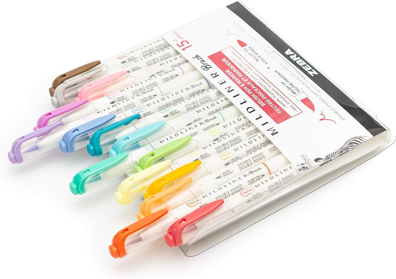 imageZebra Pen Mildliner DoubleEnded Brush Marker Brush and Fine Tip Pens Ideal for Bible Highlighting No Bleed Assorted Soft Colors 15Pack 79115Assorted D