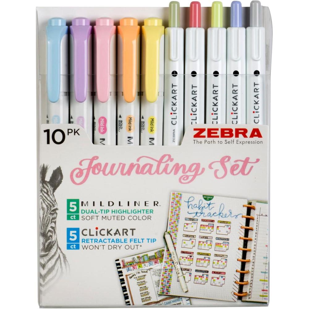 imageZebra Pen  Creative 10Pack Journaling Set  No Bleed Highlighters ampamp CLiCKART Pens  Assorted Colors for NoteTaking Bible Study Bullet Journaling 14010