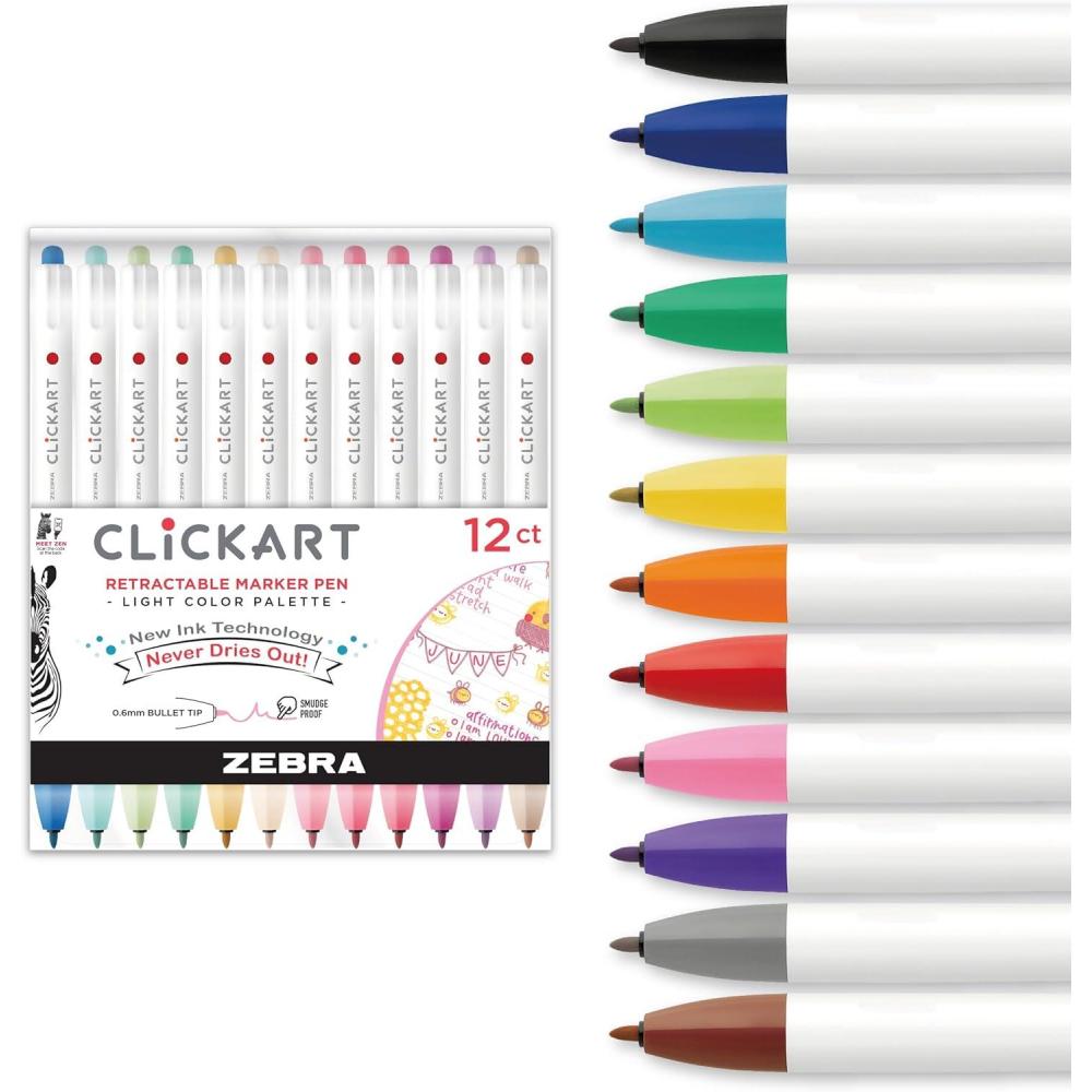 imageZebra Pen CLiCKART Retractable Felt Tip Pen Assorted Ink Colors 06mm Fine Point Moisture Absorbing to Prevent Drying Out School Supplies and Teacher Supplies 6Pack 69006Assorted Light A