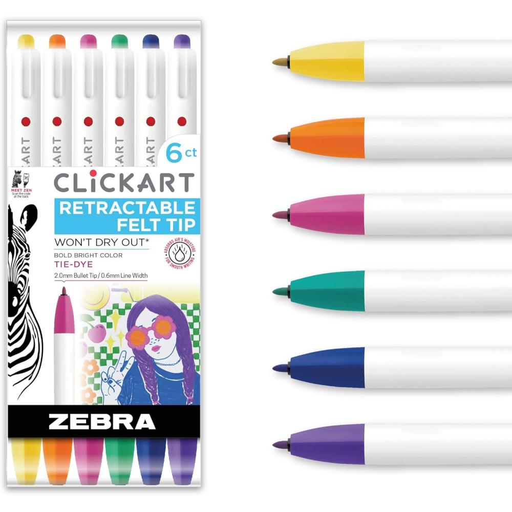 imageZebra Pen CLiCKART Retractable Felt Tip Pen Assorted Ink Colors 06mm Fine Point Moisture Absorbing to Prevent Drying Out School Supplies and Teacher Supplies 6Pack 69006Assorted TieDye A