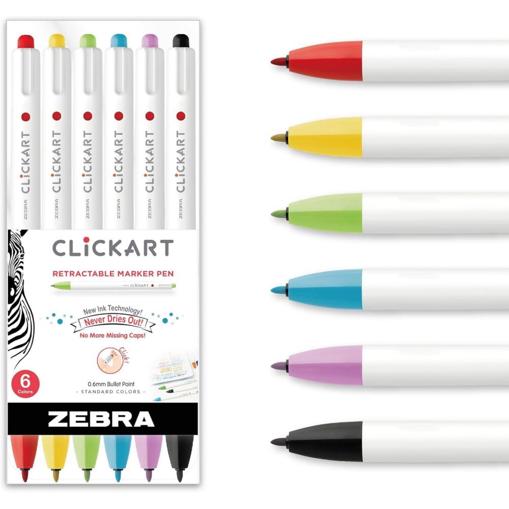 imageZebra Pen CLiCKART Retractable Felt Tip Pen Assorted Ink Colors 06mm Fine Point Moisture Absorbing to Prevent Drying Out School Supplies and Teacher Supplies 6Pack 69006Assorted A