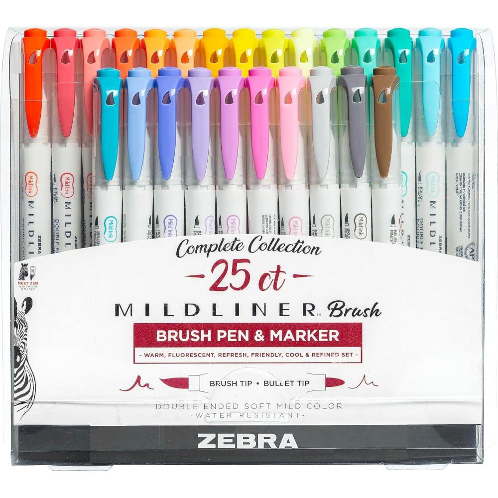 imageZebra Pen Mildliner DoubleEnded Brush Marker Brush and Fine Tip Pens Ideal for Bible Highlighting No Bleed Assorted Soft Colors 15Pack 79115Assorted C