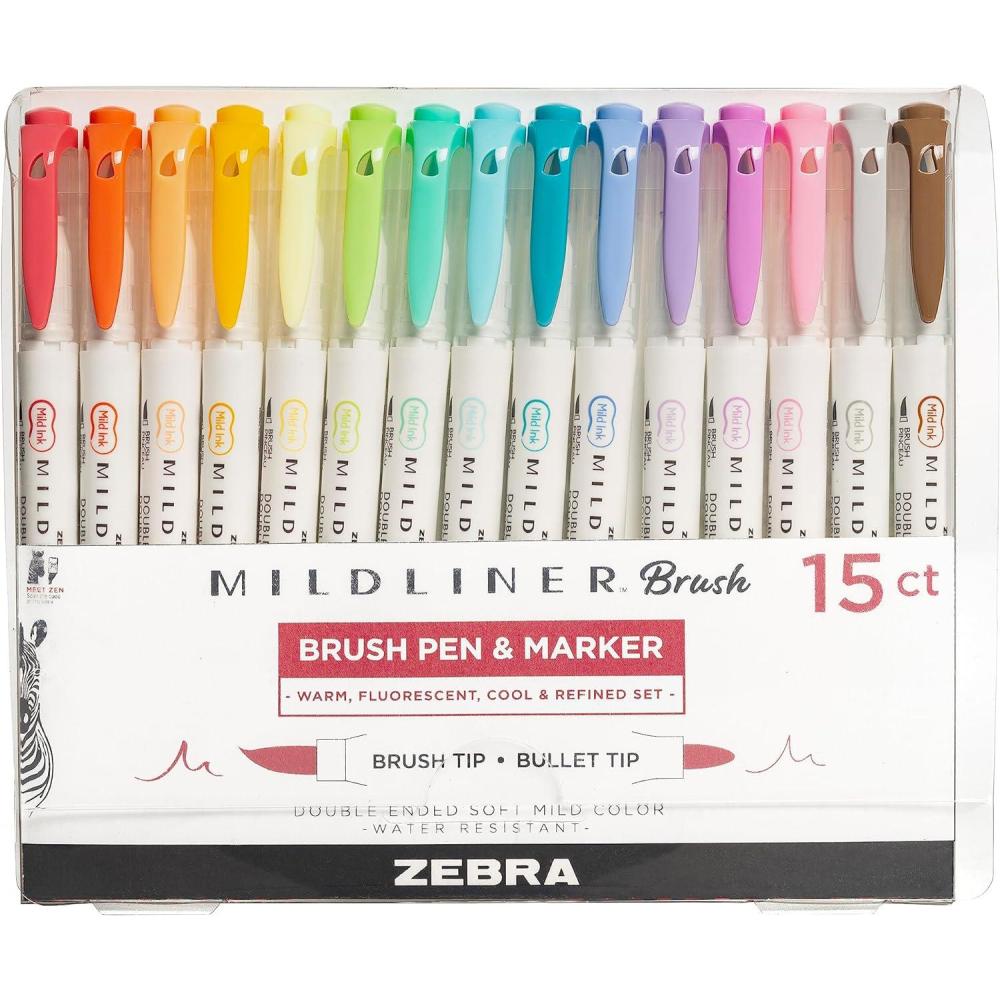 imageZebra Pen Mildliner DoubleEnded Brush Marker Brush and Fine Tip Pens Ideal for Bible Highlighting No Bleed Assorted Soft Colors 15Pack 79115Assorted D