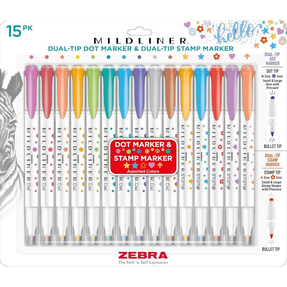 imageZebra Pen Mildliner DualTip Dot Stamp Marker WaterBased Pigment Ink Extra Fine Bullet ampamp Dot Stamp Tips Assorted Colors 10Pack 73310Assorted 15