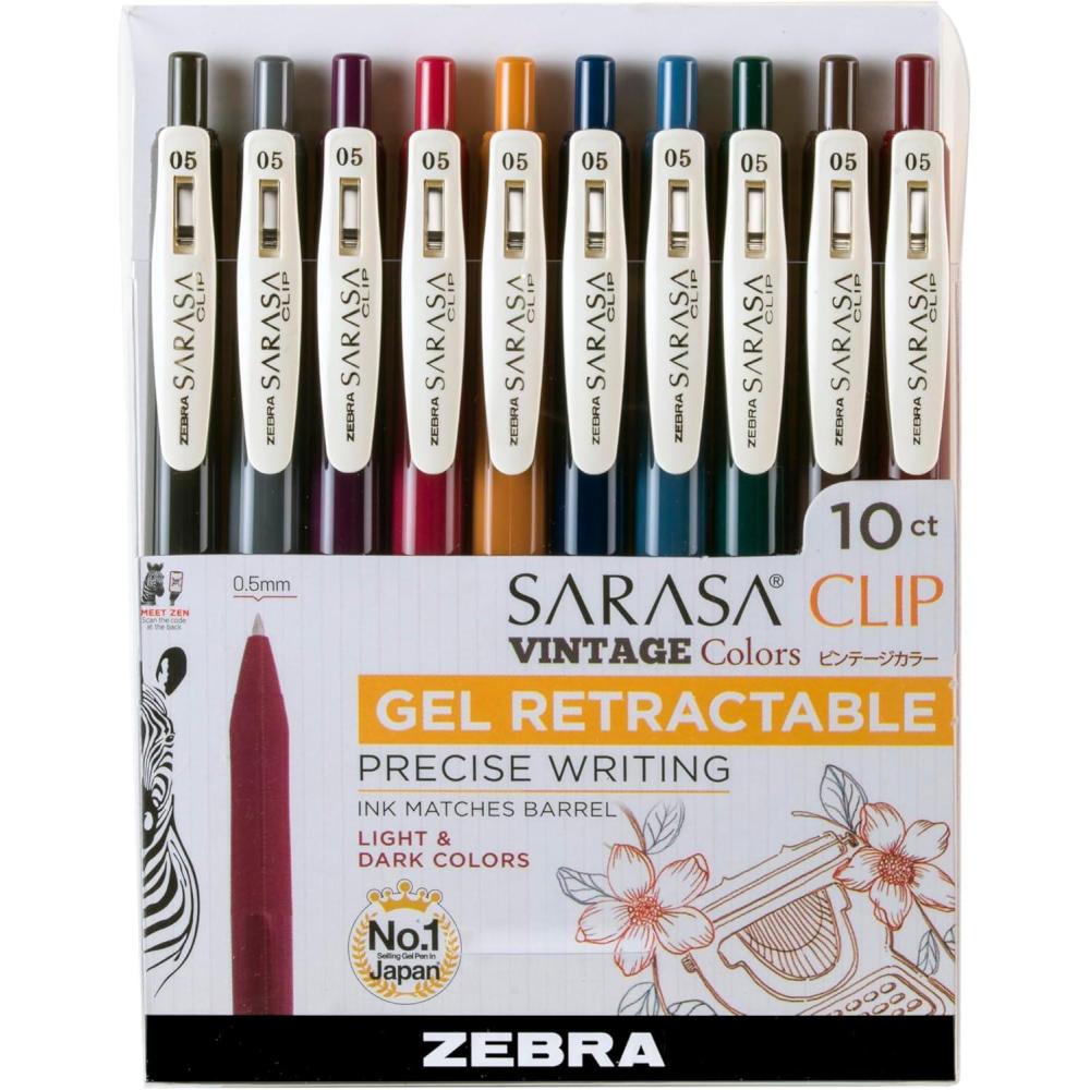 imageZebra Pen Sarasa Clip Retractable Gel Pen 05mm Fine Point Light and Dark Assorted Colors Ideal for School Supplies and Teacher Supplies 10Pack 49510Neutral Vintage C