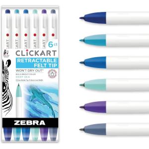imageZebra Pen CLiCKART Retractable Felt Tip Pen Assorted Ink Colors 06mm Fine Point Moisture Absorbing to Prevent Drying Out School Supplies and Teacher Supplies 6Pack 69006Assorted Deep Sea A