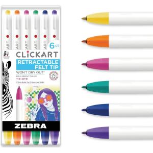 imageZebra Pen CLiCKART Retractable Felt Tip Pen Assorted Ink Colors 06mm Fine Point Moisture Absorbing to Prevent Drying Out School Supplies and Teacher Supplies 6Pack 69006Assorted TieDye A