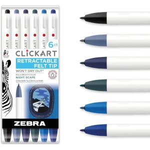imageZebra Pen CLiCKART Retractable Felt Tip Pen Assorted Ink Colors 06mm Fine Point Moisture Absorbing to Prevent Drying Out School Supplies and Teacher Supplies 6Pack 69006Assorted Nightscape A