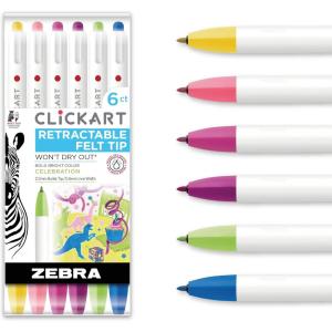 imageZebra Pen CLiCKART Retractable Felt Tip Pen Assorted Ink Colors 06mm Fine Point Moisture Absorbing to Prevent Drying Out School Supplies and Teacher Supplies 6Pack 69006Assorted Celebration A