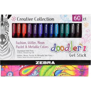 imageZebra Pen Doodlerz Gel Pens 60Pack 10mm Bold Point School ampamp Scrapbook Supplies Smooth Writing Ergonomic Grip Rainbow Colors Glitter Neon Metallic Pastel Translucent Barrel 41960