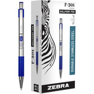 imageZebra Pen F301 Ballpoint Fine Point 07mm Stainless Steel Retractable Ballpoint 4Pack  EasyGlide Ink NonSlip Grip Metal Clip Refillable with FRefill Professional Design 27174Blue D