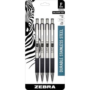 imageZebra Pen F301 Ballpoint Fine Point 07mm Stainless Steel Retractable Ballpoint 4Pack  EasyGlide Ink NonSlip Grip Metal Clip Refillable with FRefill Professional Design 27174Black C