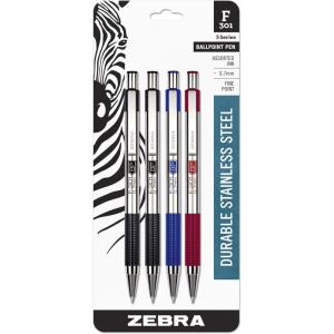 imageZebra Pen F301 Ballpoint Fine Point 07mm Stainless Steel Retractable Ballpoint 4Pack  EasyGlide Ink NonSlip Grip Metal Clip Refillable with FRefill Professional Design 27174Assorted A