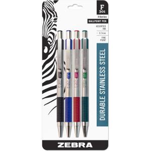 imageZebra Pen F301 Ballpoint Fine Point 07mm Stainless Steel Retractable Ballpoint 4Pack  EasyGlide Ink NonSlip Grip Metal Clip Refillable with FRefill Professional Design 27174BlackBlueRed