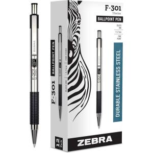 imageZebra Pen F301 Ballpoint Fine Point 07mm Stainless Steel Retractable Ballpoint 4Pack  EasyGlide Ink NonSlip Grip Metal Clip Refillable with FRefill Professional Design 27174Black F
