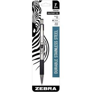 imageZebra Pen F301 Retractable Ballpoint Pen Stainless Steel Barrel Bold Point 16mm Black Ink 12PackBlack