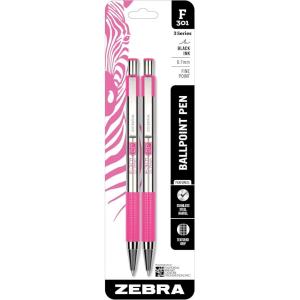 imageZebra Pen F301 Retractable Ballpoint Pen Stainless Steel Barrel with BCA Pink Accents Fine Point Black Ink 2Pack