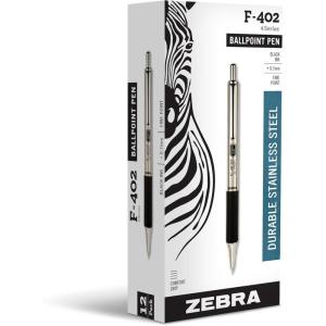 imageZebra Pen F402 Stainless Steel Retractable Ballpoint Ink Pens 12Pack Black Ink 07mm Fine Point EasyGlide Ink NonSlip Grip Metal Clip Refillable With FRefill 29210