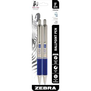 imageZebra Pen F402 Stainless Steel Retractable Ballpoint Ink Pens 2Pack Blue Ink 07mm Fine Point EasyGlide Ink NonSlip Grip Metal Clip Refillable with FRefill 29222Blue a