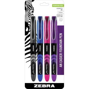 imageZebra Pen Fountain Pen Set 4Pack Assorted Ink Colors Black Pink Purple Blue 06mm Fine Point Stainless Steel Nibs Disposable Smooth Writing Experience 48304