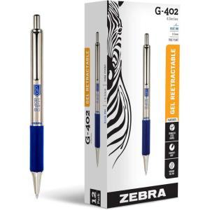 imageZebra Pen G402 Retractable Gel Pen Stainless Steel Barrel Fine Point 05mm Blue Ink 12Pack 49920