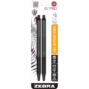 imageZebra Pen G750 Gel Pen 2Pack Blue Ink 07mm Medium Point Black Brass Barrel Knurled Grip Secure Metal Clip Refillable 49822Black