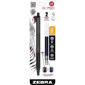 imageZebra Pen G750 Gel Pen 2Pack Blue Ink 07mm Medium Point Black Brass Barrel Knurled Grip Secure Metal Clip Refillable 49822Black A