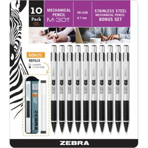 imageZebra Pen M301 Stainless Steel Mechanical Pencil Premium Metal Barrel Medium Point 07mm Black Grip 10Pack Plus Lead and Erasers 543191 Count Pack of 10