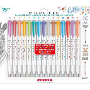 imageZebra Pen Mildliner DualTip Dot Stamp Marker WaterBased Pigment Ink Extra Fine Bullet ampamp Dot Stamp Tips Assorted Colors 10Pack 73310Assorted 15