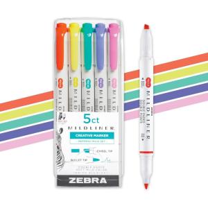 imageZebra Pen Mildliner DualTip Highlighters Broad and Fine Tips Ideal for Bible Highlighting No Bleed School Supplies and Teacher Supplies Assorted Cool and Refined Ink Colors 5Pack 78205Refresh