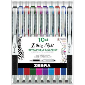 imageZebra Pen ZGrip Flight Retractable Ballpoint Pen Bold Point 12mm Assorted Ink Colors School Supplies Teacher Supplies and Office Supplies Smooth Writing QuickDrying 10Pack 21901