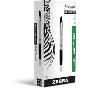 imageZebra Pen ZGrip Max Retractable Ballpoint Pens Medium Point 10 mm Silver Barrel Black Ink Pack Of 12Black