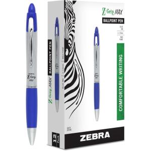 imageZebra Pen ZGrip Max Retractable Ballpoint Pens Medium Point 10 mm Silver Barrel Black Ink Pack Of 12Blue