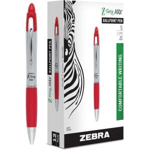 imageZebra Pen ZGrip Max Retractable Ballpoint Pens Medium Point 10 mm Silver Barrel Black Ink Pack Of 12Red