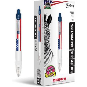 imageZebra Pen ZGrip Retractable Ballpoint Pen 12Pack American Flag Barrel Black Ink Medium Point 10mm Soft Grip Stylish Patriotic Design Smooth Writing Pens 21775Black E