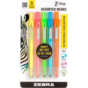imageZebra Pen ZGrip Retractable Highlighter Marker Set Chisel Tip Assorted Neon Colors 5Pack