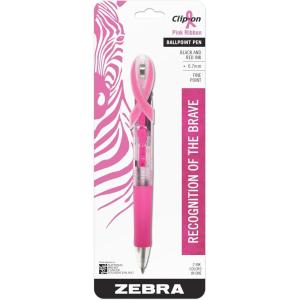imageZebra ZGrip MAX BOLD Breast Cancer Awareness Retractable Ballpoint Pen Bold Point 12mm Black Barrel With Pink Ribbon Black Ink 24CountClipOn