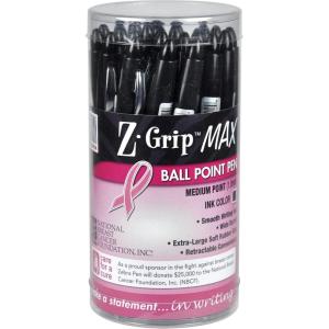 imageZebra ZGrip MAX BOLD Breast Cancer Awareness Retractable Ballpoint Pen Bold Point 12mm Black Barrel With Pink Ribbon Black Ink 24CountZGrip Max Bold