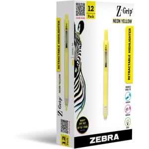 imageZebra Pen ZGrip Retractable Highlighter Marker Set Chisel Tip Neon Yellow 12Pack