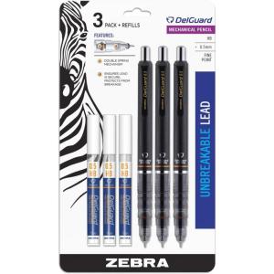 imageZebra Pen DelGuard Mechanical Pencil 3Pack with 3 Refills 05mm Black Blue White Barrel Color Double Spring Mechanism Resists Lead Breakage Clip for Easy Carrying 58603BlackBlackBlack