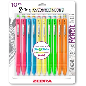 image:imageZebra Pen ZGrip Mechanical Pencil Comfort Grip 07mm Lead 2 HB PreLoaded with Lead and Eraser for School Office Everyday Use Refillable Assorted Neon Barrel 10Pack 50301Lead Neon Barrels