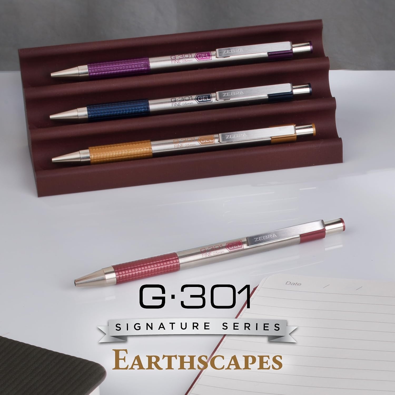 image:imageZebra Pen G301 Signature Series Retractable Gel Pen 05mm Fine Point Stainless Steel Barrel with Textured Grip Assorted Vintage Ink Colors Indigo Butterscotch Cherrywood and Plum 4Pack 47304Assorted Vintage Colors