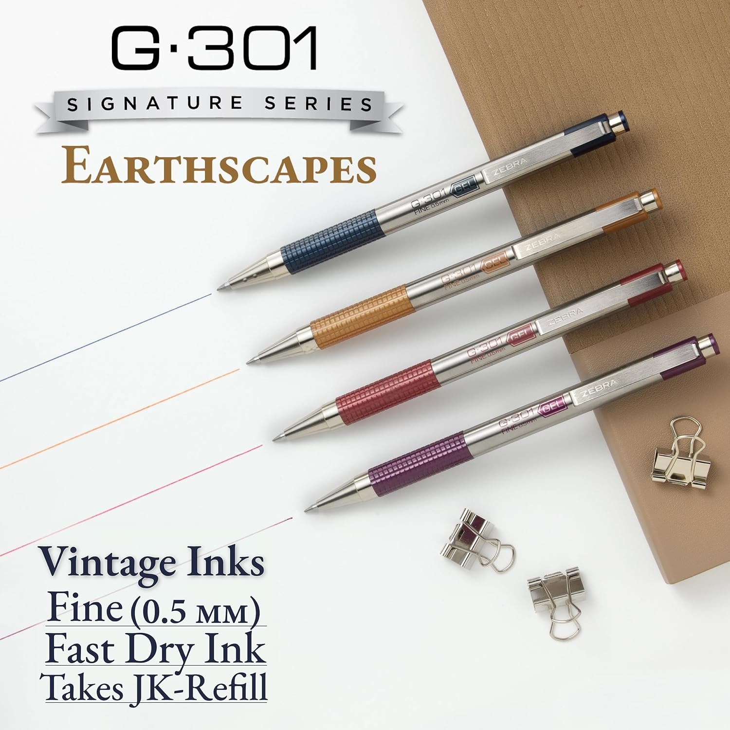 image:imageZebra Pen G301 Signature Series Retractable Gel Pen 05mm Fine Point Stainless Steel Barrel with Textured Grip Assorted Vintage Ink Colors Indigo Butterscotch Cherrywood and Plum 4Pack 47304Assorted Vintage Colors