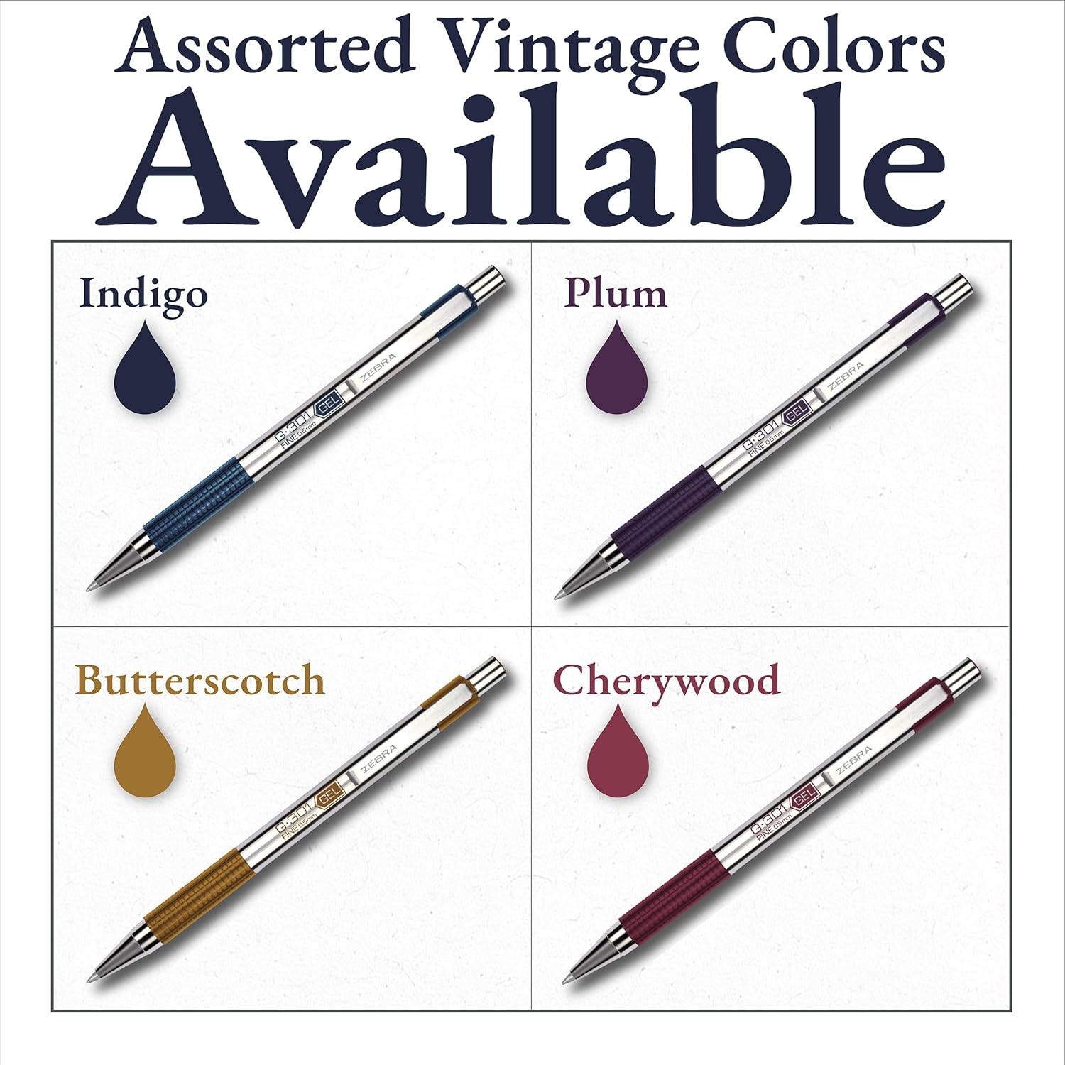 image:imageZebra Pen G301 Signature Series Retractable Gel Pen 05mm Fine Point Stainless Steel Barrel with Textured Grip Assorted Vintage Ink Colors Indigo Butterscotch Cherrywood and Plum 4Pack 47304Assorted Vintage Colors